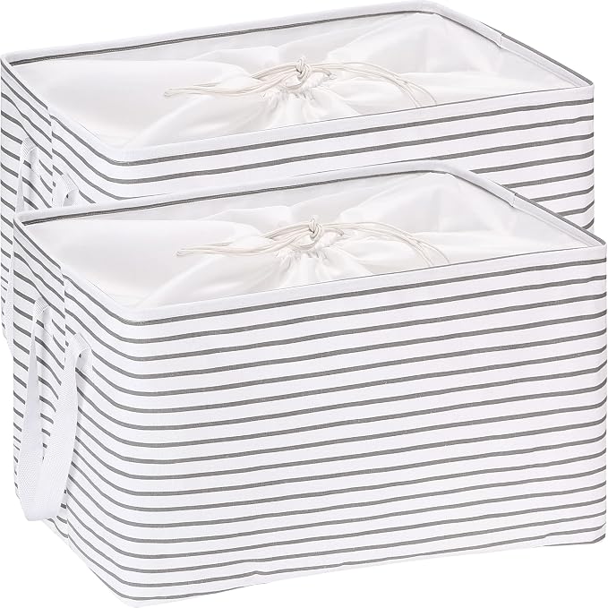 Hinwo 102L XXL Canvas Storage Bin with Lid and Handles, 2-Pack | Collapsible Fabric Baskets, Closet Shelf Organizers, Containers for Clothing, Blankets, Toys, Bedding (Gray Stripe) by Hinwo