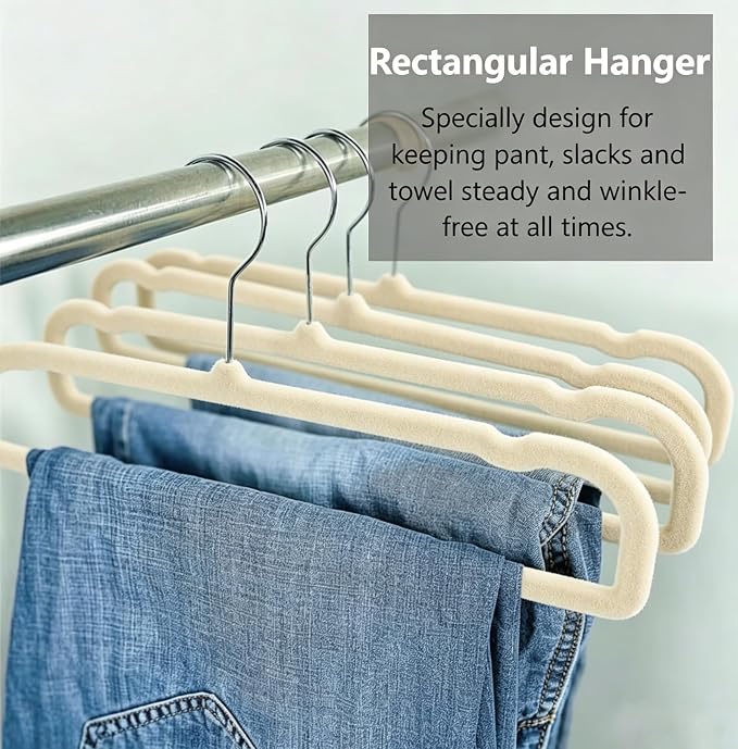 20 Pack Velvet Pants Hangers for Closet Space Saving, Thin Hanger (Beige) | 35cm(L) Heavy Duty Flocked Trouser Hangers, Durable, Clothes Hanger with Silver Swivel Hook, Jean Hangers for Women and Men - Image 6
