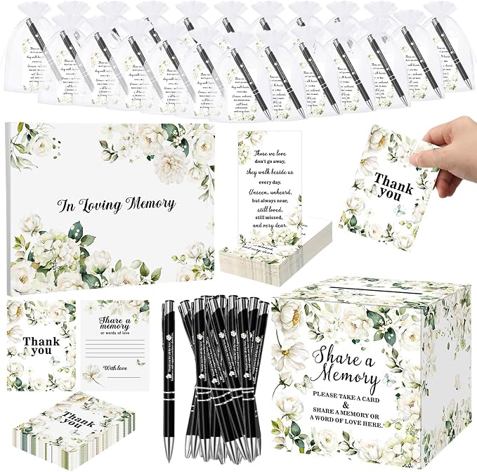 Engrowtic 202 Pcs Funeral Guest Book Funeral Favors Set for Memorial Service, Celebration of Life Guest Book 50 Memory Cards with Box 50 Memorial Prayer Cards 50 Ballpoint 50 Bags for Sympathy Gifts by Engrowtic