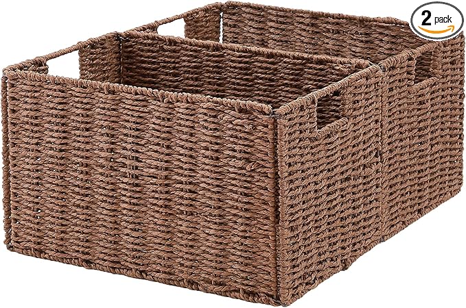 Wicker Storage Basket, Set of 2 Hand-Woven Paper Rope Wicker Basket, Small Storage Baskets for Organizing Toilet Paper Basket, Foldable Large Cube Storage Organizer Bins for Shelves (Brown) by Vagusicc