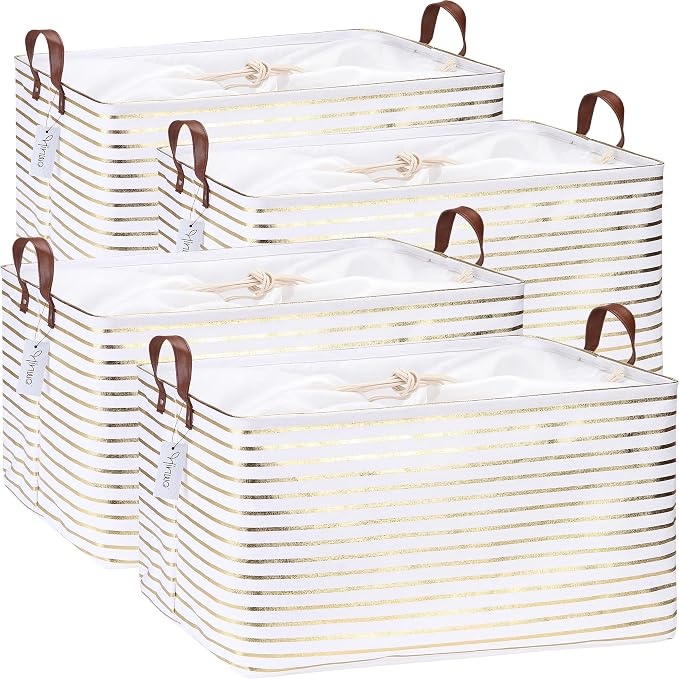 Hinwo 70L Extra Large Canvas Storage Bin with Lid and Handles, 4-Pack | Collapsible Fabric Baskets, Closet Shelf Organizers, Containers for Clothing, Blankets, Toys, Bedding (Gold Stripe) by Hinwo