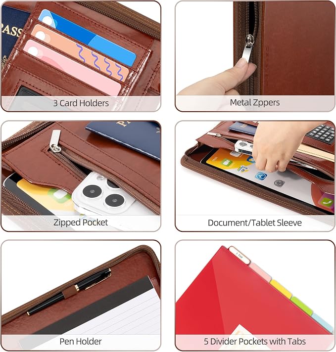 Ospelelf 3 Ring Binder Portfolio Folder with Zipper- Leather Padfolio with Clipboard Storage- Calculator, 12.1” Tablet Sleeve, 5 Dividers with Pocket, Refillable Notepad, Card Slot (Red Brown) - Image 4