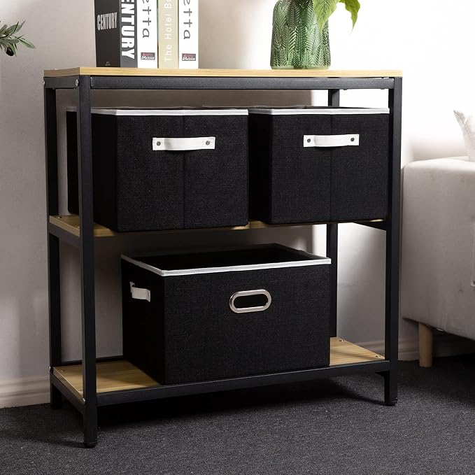 Larger Collapsible Storage Bins for Closet [3-pack] Decorative Linen Fabric Storage Baskets Cubes with Leather/Metal Handles for Living Room Black (17.3x12.2x10.4 Inch) - Image 3