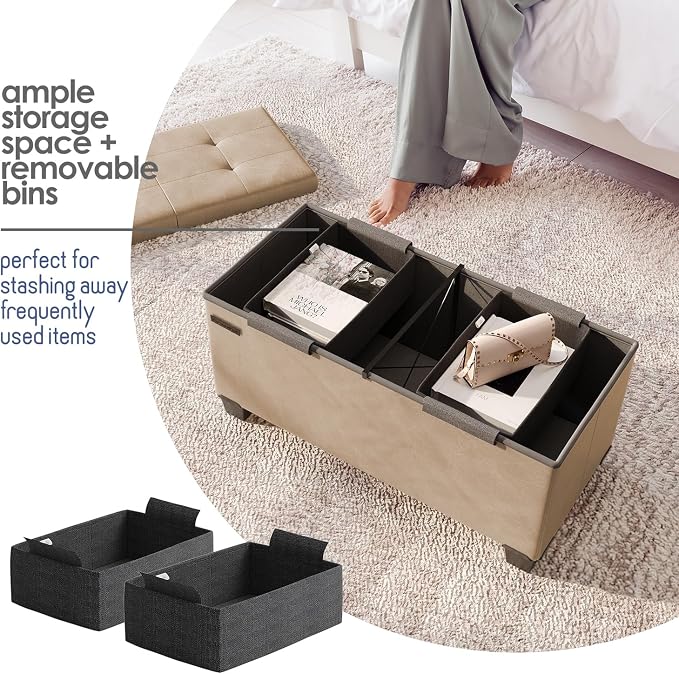 Storage Ottoman Bench with Bins, 30-in Storage Bench for Bedroom End of Bed, Folding Foot Rest Ottoman for Living Room Max 660lbs, Leather Ottomans, Taupe - Image 3