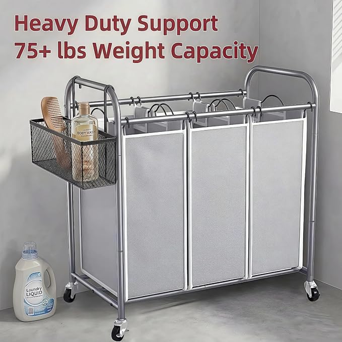 ROMOON Laundry Sorter Hamper 3 Section, Divided Laundry Basket Organizer | Rolling Clothes Hamper with Heavy Duty Lockable Wheels and Removable Bags for Apartment, Dorm & Family, 135L, Neutral Gray - Image 2