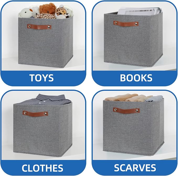 Temary 12x12 Storage Cube Bins 4 Pack Fabric Storage Cubes Storage Bins with Leather Handles, Storage Baskets Foldable Cube Organizers Bins for Home (Grey) - Image 4