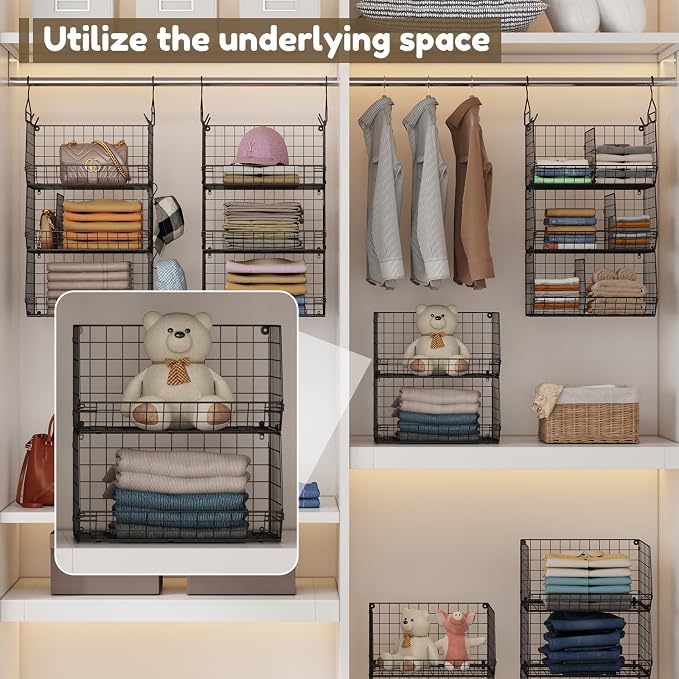 Jautokerdar 4 Tier Hanging Closet Organizer with Dividers,Extra Large Storage Hanging Shelf with 5 S Hooks 4 Dividers,Hang on Wire Closet Shelving Clothes Organizer-Black - Image 5