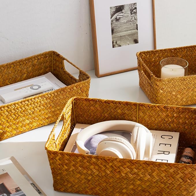 Seagrass Storage Basket with Handles, Stackable Woven Baskets Bins Container for Organizing Shelves Bedroom Living Room, Set of 3, Natural - Image 3