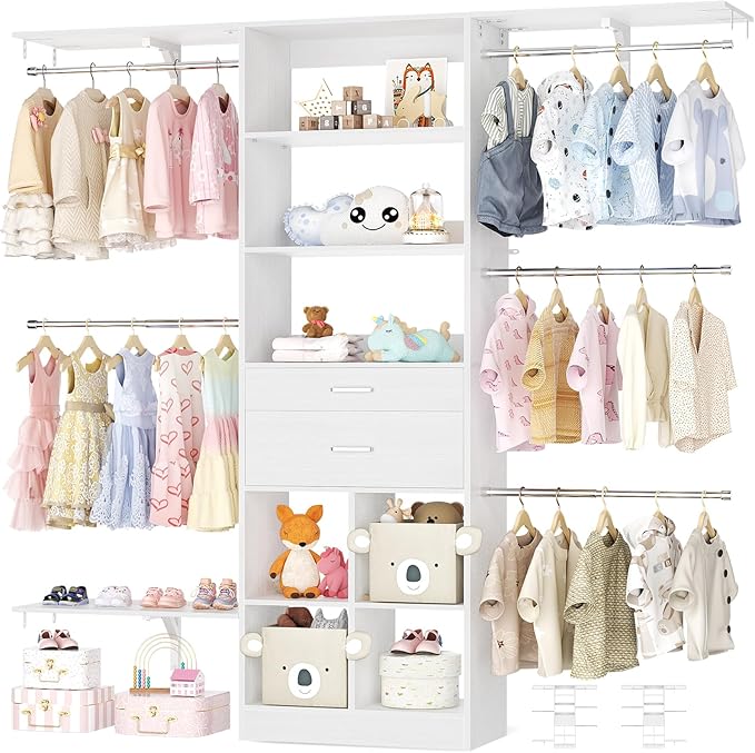 5FT Small Closet System, Baby Closet Organizer System with Wooden Drawers, 60 Inches Walk In Closet System With 5 Hanging Rods and 3 Reversible Hanging Shelving, White by Besiost