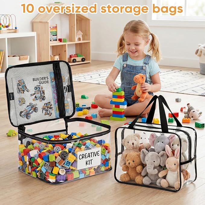 Clear Toy Storage Bags, 10-Pack PVC Organizer Bags with Labels | Reusable PVC bags with zipper, label and manual pockets for blocks, board games, puzzles, books, classrooms and travel - Image 3