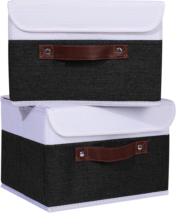ANMINY Fabric Storage Box Bins with Lids, Black White, 10"x8"x7", 4 Pack | Keepsake Memory Storage, Cotton Linen, PP Board Reinforced, Washable, PU Handles, Foldable & Stackable, Decorative, Small - Image 2