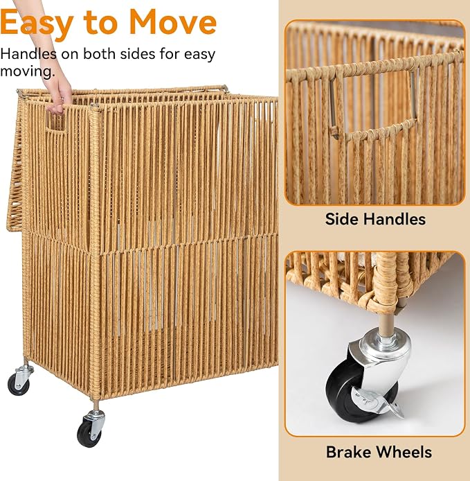 WOWLIVE Rolling Laundry Basket Wheels, Handwoven Laundry Hamper with Lid | Double Clothes Hamper with Divided Removable Bag, 115L Large Laundry Sorter 2 Section, Laundry Room Organization, Natural - Image 6