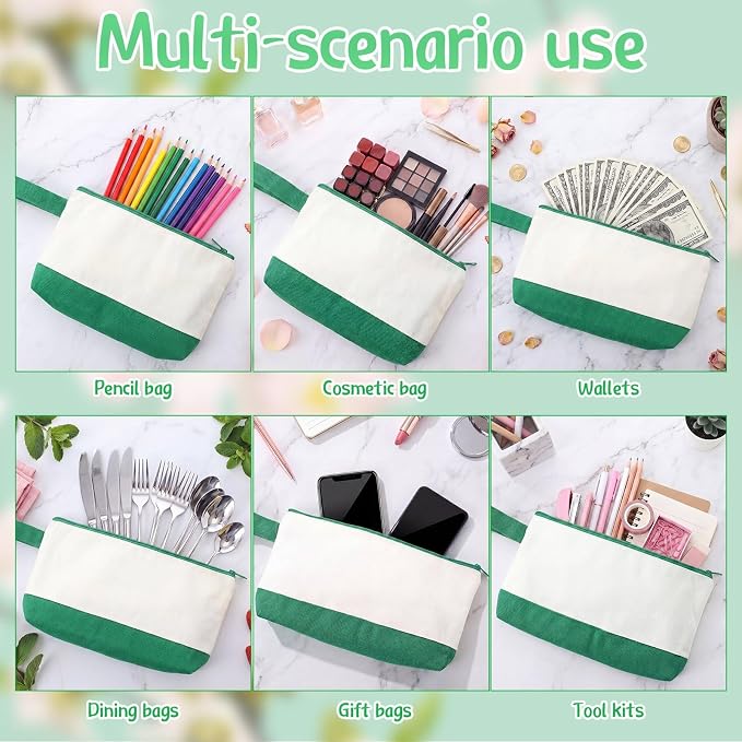 Sanwuta 30 Pcs Canvas Tote Bags Bulk with Zipper Cosmetic Pouch,Green | 18.5" Reusable Cotton Shopping Bag with Handle for DIY Craft - Image 6
