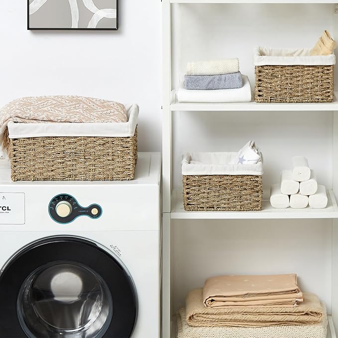 Wicker Basket, Seagrass Wicker Storage Basket with Built-in Handles, Baskets for Organizing, 15'' Large Storage Baskets for Shelves with Liner bathroom organizer (3-Pack Seagrass Baskets Set) - Image 4