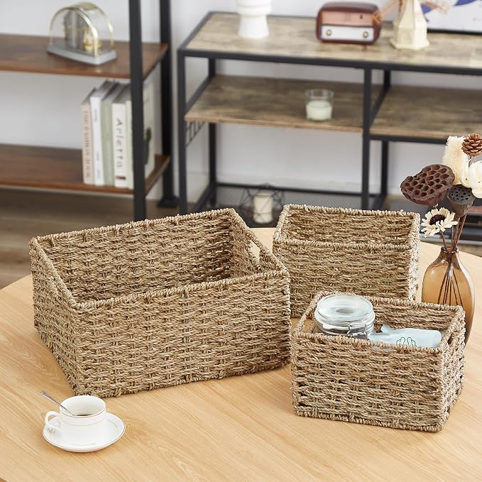 Wicker Basket, Seagrass Wicker Storage Basket with Built-in Handles, Baskets for Organizing, 15'' Large Storage Baskets for Shelves with Liner bathroom organizer (3-Pack Seagrass Baskets Set) - Image 8