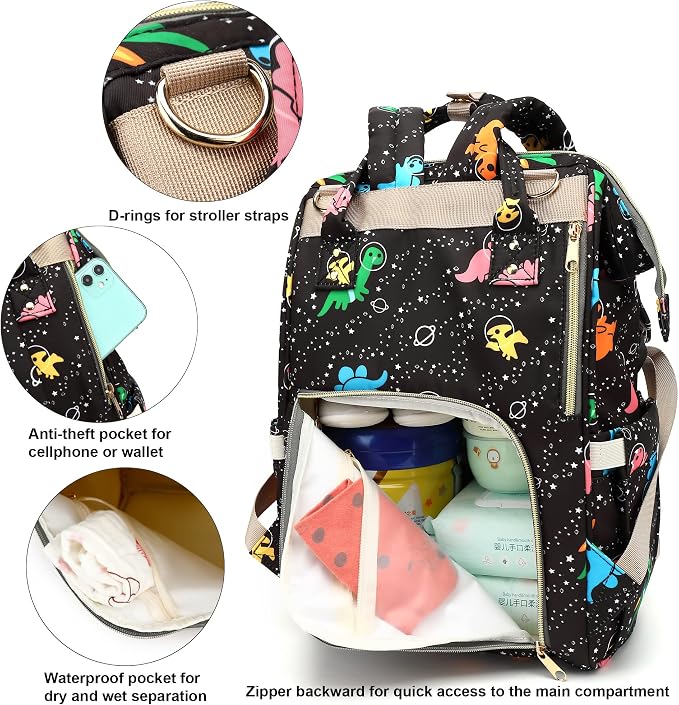 Dinosaur Baby Diaper Bag Backpack for Girls Boys, Waterproof Large Maternity Nappy Bags for Mom - Image 3
