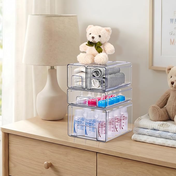 Sorbus Clear Stackable Storage Drawers (1 Large + 1 Medium + 2 Small) | Plastic medicine-cabinet bins with handles and pull-out access for bathrooms, closets, pantries and baby bottles. - Image 4
