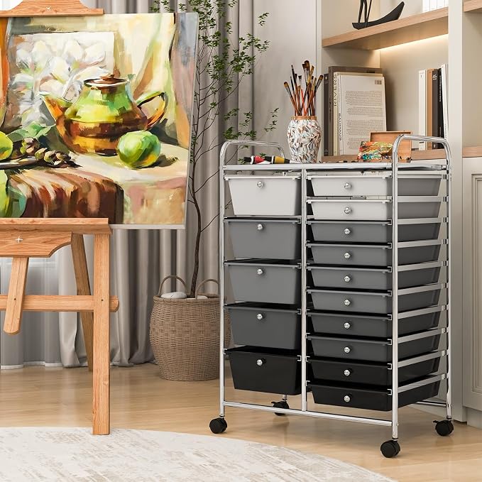 COSTWAY 15 Drawer Rolling Storage Cart, Mobile Storage Organizer | Removable Drawers & Metal Frame, Multipurpose Utility Tools Paper Organizer on Wheels for Home, Office (Mixed Black) - Image 7