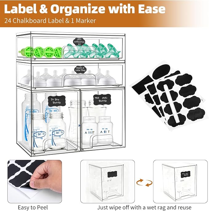 Baby Bottle Organizer, 4 Pack Stackable Storage Drawers with Labels, Clear Station Organizers Container for Pacifiers, Pump Parts, Desk Organizer Bins for Bathroom, Cabinet, Pantry, Vanity, Countertop - Image 4
