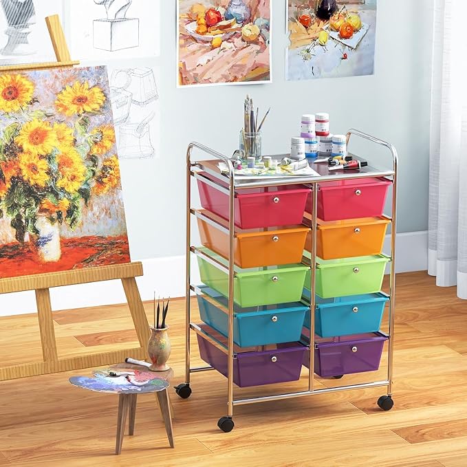 10 Drawer Rolling Cart, Storage Cart Organizer on Wheels, Drawer Cart with Metal Frame & Large Storage Capacity, Rolling Cart with Drawers for Living Room Classroom, Office - Image 8