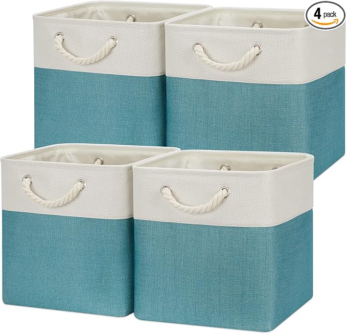 Temary Cubes Storage Baskets 12 Inch Cube Storage Bins for Shelf, Fabric Storage Cubes for Gift Empty Baskets for Home, Collapsable Box Basket for Storage (White&Teal) by TEMARY