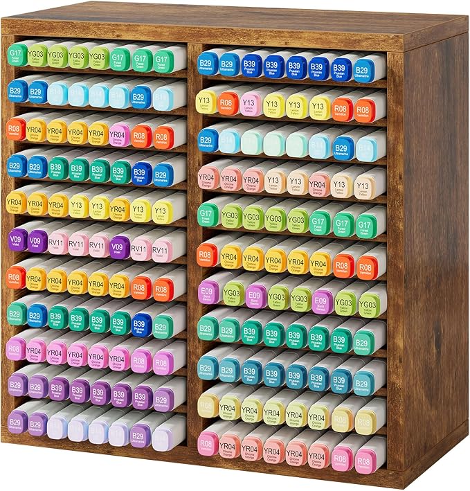 YMYNY Wooden Marker Organizer, Vintage Brown,11.81 x 5.31 x 11.81 HMR001H | Desktop Storage Hold 176 Markers,Pens,Pencils,Art Brushes Stationary Organizer Pencil Holder with 22 Compartments for Home by High-qualityhomefurnishing