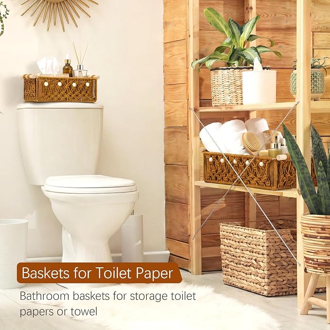 Vesici 4 Pcs Rustic Brown Macrame Storage Basket for Shelves 13 in 11 in Boho Basket Hand Woven Boxes with Wood Handles Beads Decorative Countertop Toilet Tank Cabinet Organizer for Home Room Decor - Image 5