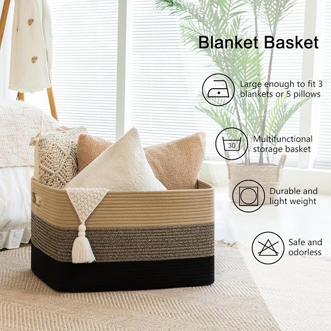 OIAHOMY Blanket Basket Laundry Basket Dog Toy Basket 108L Yellow Black | Large Storage Basket,Baby Basket,Toy Storage,Woven Rope Basket for Blankets,Blanket Storage for Living Room - Image 6