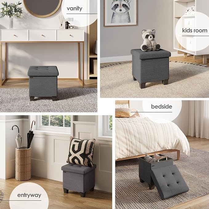 Storage Ottoman Cube with Small Bin, 15-in Square Ottoman with Storage for Living Room and Bedroom, Small Ottomans Foot Rest, Fabric Foot Stools Ottomans Max 330lbs, Grey - Image 5