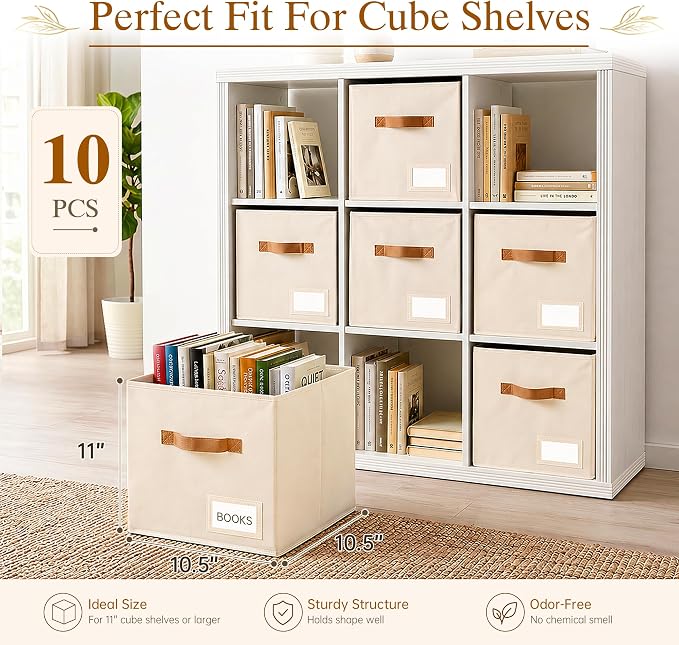 Storage Cubes 10 Pack, 11 Inch Fabric Storage Cubes Organizer Bins with Labels, Odor-Free & Sturdy PP Structure, Cubby Baskets for Closet, Shelves, Toys & Nursery (Beige) - Image 2