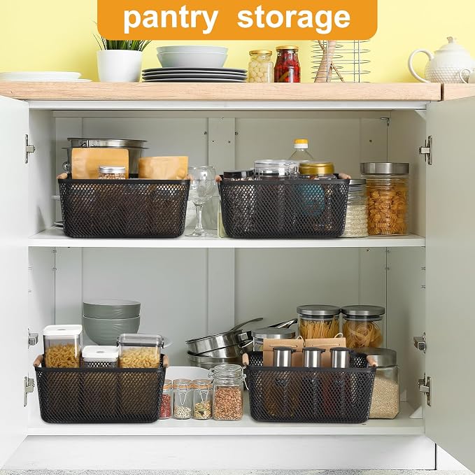Tioncy 4 Pcs Plastic Mesh Baskets with Wood Handle Woven Mesh Storage Organizer Bins Multi-function Rectangle Baskets for Home Pantries Shelves Closet Kitchens Bedrooms(10.4 x 7.2 x 4.7 Inches) - Image 4