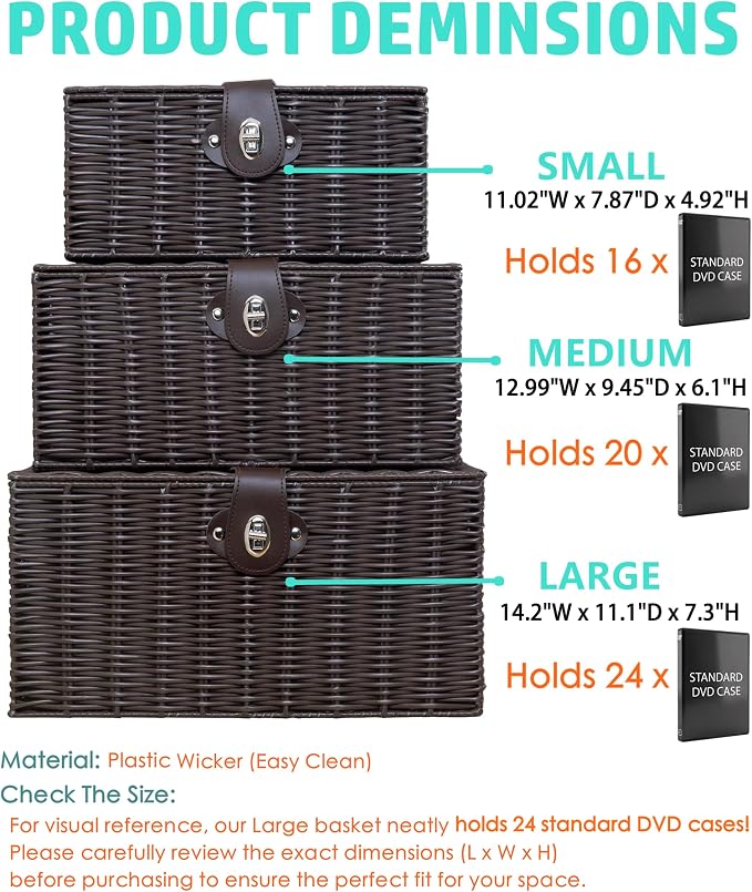 Set of 3 Woven Wicker Storage Basket Box with Lids & Lock, Built-in Carry Handles, Multifunctional Storage Organizer for Nursery, Baby, Clothes, Toys, Books, Large/Medium/Small Size (Brown) - Image 3