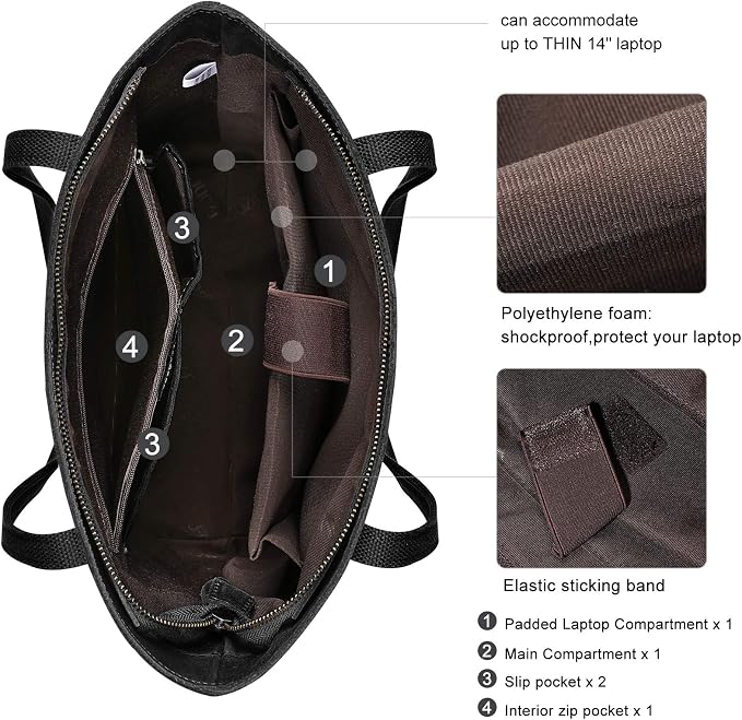 S-ZONE Leather Tote Bag for Women Work Handbag with Luggage Sleeve | Top Grain Genuine Leather, Padded Laptop Compartment, Multi Pockets, Large Retro Purse, Travel Everyday - Image 4