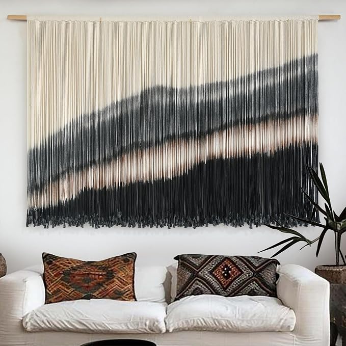 Jakalin Macrame Wall Hanging Black Dip Dye Fiber Tapestry Handmade 57"x35" | Fiber Yarn Wall Art,Craftsmanship,Hand-dip Dyed, Boho Style to Bedrooms, Living Rooms, Nursery ,Couch,or Entryways. by Jakalin