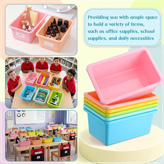 Thyle 12 Pieces Plastic Cubby Bins with Labels Classroom Book Bins Stackable Storage Container Durable Toy Storage Organizer Baskets for School Classroom Office (Classic,Light Color) - Image 5