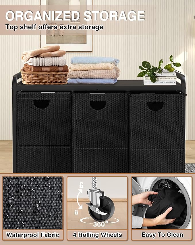 Laundry Sorter 3 Section,Laundry Basket with Wheels,3×15.8 Gal (60L) Black | Laundry Room Organization with Wooden Desktop Shelf,Pull-Out and Removable 900D Oxford Fabric Laundry Bags for Laundry Room - Image 3