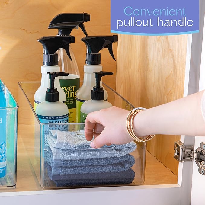 Plastic Food Storage 2 Pack Clear Container Bin with Handles for Organizing Kitchen, Pantry, Refrigerator, Freezer, Pantry, Cabinet, Closet, Bathroom. 14”x8”x5” - Image 5