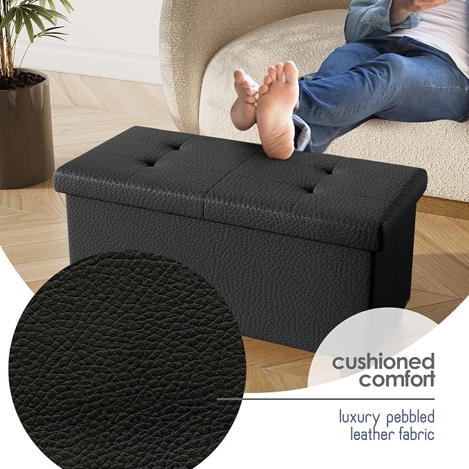 Storage Ottoman Bench with Bins, 30-in Storage Bench for Bedroom End of Bed, Folding Foot Rest Ottoman for Living Room Max 660lbs, Faux Leather Ottomans, Black - Image 7