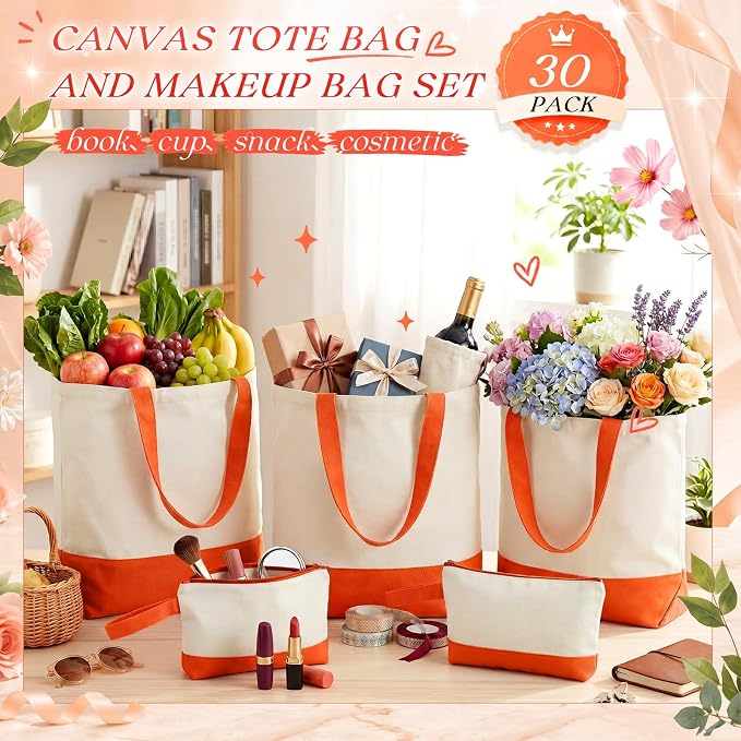 Sanwuta 30 Pcs Canvas Tote Bags Bulk with Zipper Cosmetic Pouch,Orange | 18.5" Reusable Cotton Shopping Bag with Handle for DIY Craft - Image 5