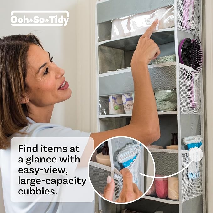 Ooh So Tidy 5-Tier Over Door Hanging Organizer, Grey | Holds 44 lb across 5 large & 10 mesh pockets, clear windows, fits doors 20 in wide or more, 15x55.5x6.5 in - Image 4