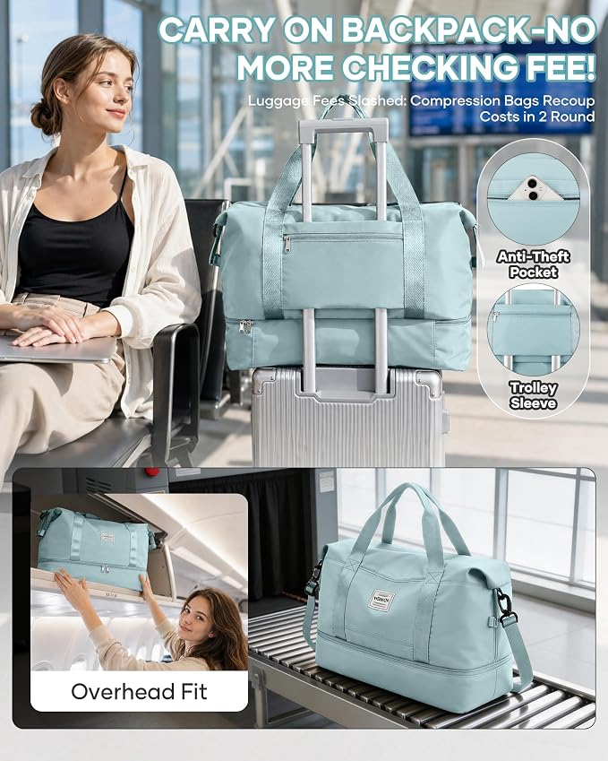 Travel Duffel Weekender Bag Women Tote Carry On Bags With Shoe Compartment | Travel Overnight Bags with Trolley Sleeve for Airplanes Waterproof Lightweight Sport Tote Gym with Toiletry Bag Blue - Image 2