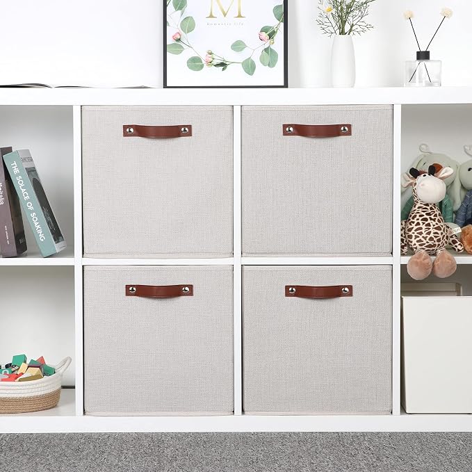 Temary Fabric Storage Cubes Storage Bins with Dual Leather Handles, 4 Pack Cube Baskets 13x13 Foldable Cube Organizers for Shelves, Home, Office, Nursery - Image 4