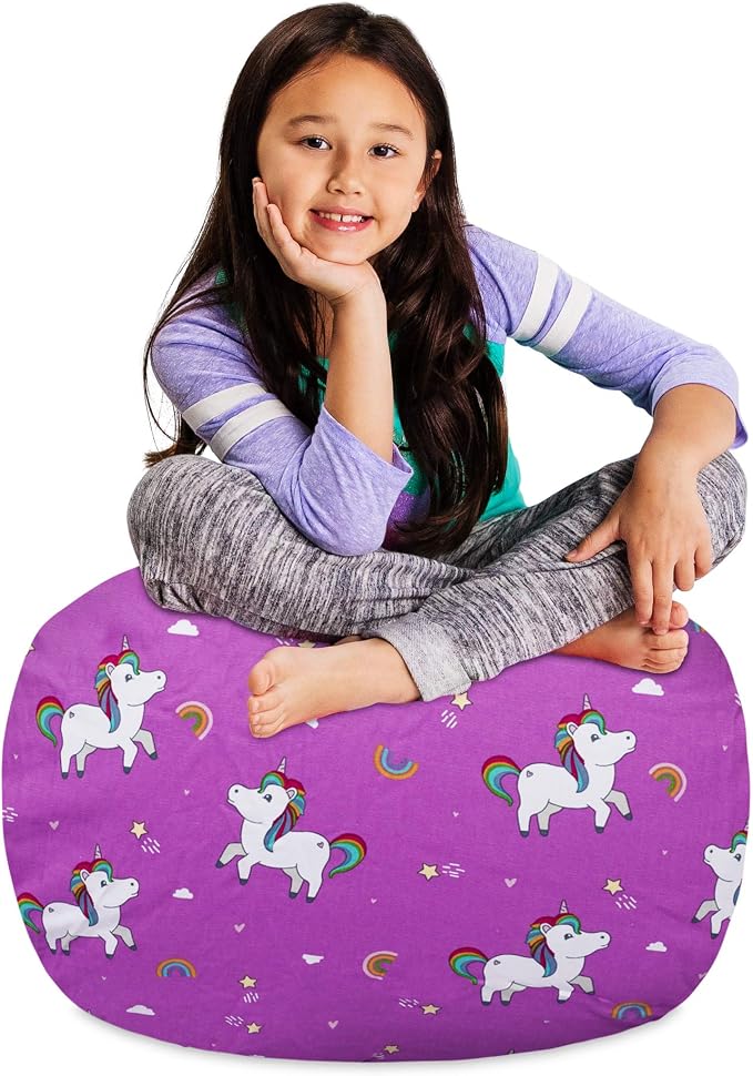 Posh Creations Kids Stuffed Animal Storage Bean Bag Chair Cover - Childrens Toy Organizer, Medium-27in, Canvas Unicorn and Rainbows on Purple by PoshCreations