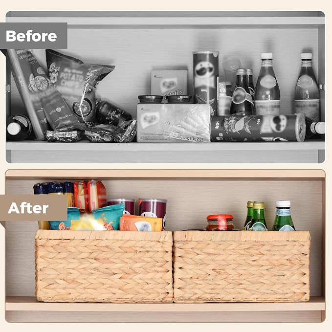 Set of 2 Wicker Shelf Storage Baskets for Organizing - Natural Durable Water Hyacinth Woven Basket Pantry Bin Organizers for Shelves with Handles for Home & Decor Organization, 12.5” x 8” x 6.5” - Image 6