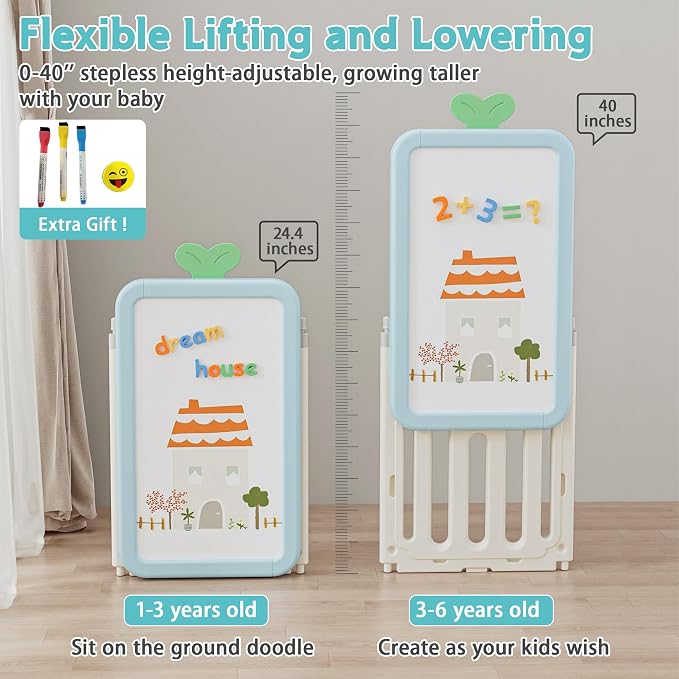 Kids Toy Storage Organizer with 10 Removable Bins, Foldable Toy Organizers and Storage with 3-Tier Bookshelf for Kids Toy Storage Organizer with Drawing Board, Extra 3 Brushes (4 In 1 Light Blue) - Image 4