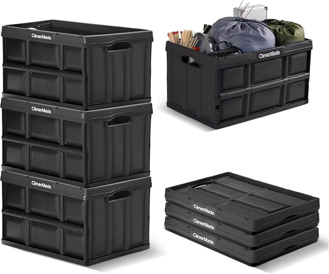 CleverMade Collapsible Storage Bins, 62L, 3 Pack Foldable Storage, Obsidian | Haul Bulk Groceries and Oversized Gear in Fewer Trips | Each Bin Holds 100 lb, Stacks Securely, and Folds to 2.75 Inches by CleverMade