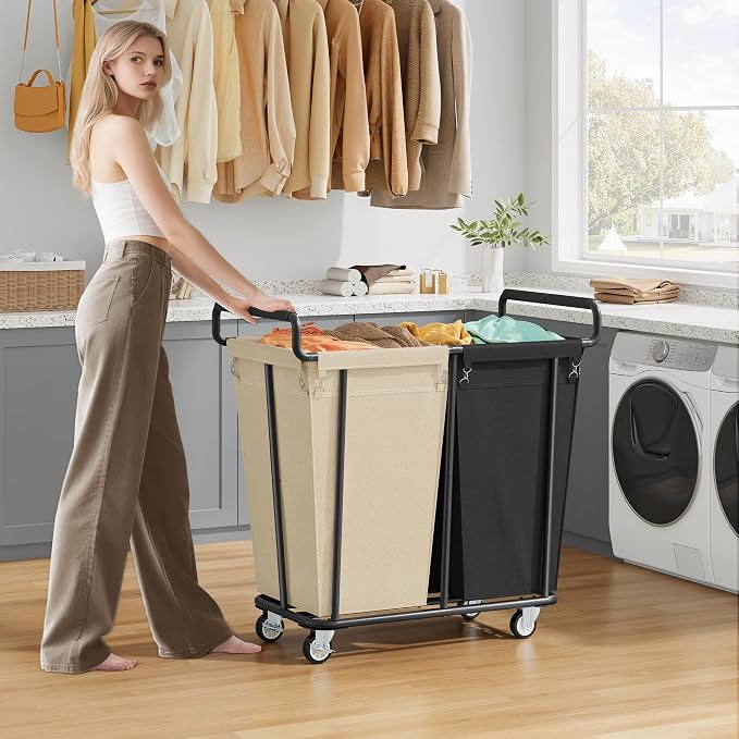 Gewudraw 2 Section Heavy Duty Laundry Basket with Wheels, 360L | Big Rolling Laundry Basket Sorter Cart, Extra Large Clothes Hamper, Laundry Basket Organizer for Laundry Room, Bathroom - Image 2