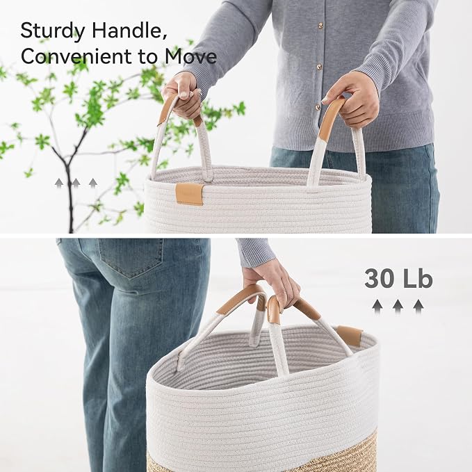 Nunsino 75L Striped Laundry Hamper with Leather Handles,Large Foldable Laundry Basket for Clothes,Cotton Rope Storage Bin for Blankets,Woven Clothes Basket for Bedroom,Beige Stripes - Image 5