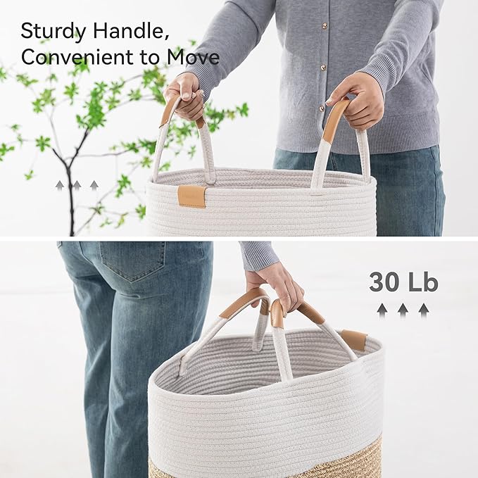Nunsino 62L Striped Laundry Hamper with Leather Handles,Large Foldable Laundry Basket for Clothes,Cotton Rope Storage Bin for Blankets,Woven Clothes Basket for Bedroom, Beige Stripes - Image 6