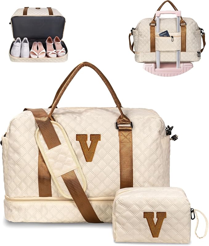 Birthday Gifts for Women-Initial Duffle Bag with Shoe Compartment | Personalized Weekender Bag, Monogram Overnight Bags, Letter Travel Bags with Makeup bag，Preppy Gifts for Girl (Letter V) by Vogewood